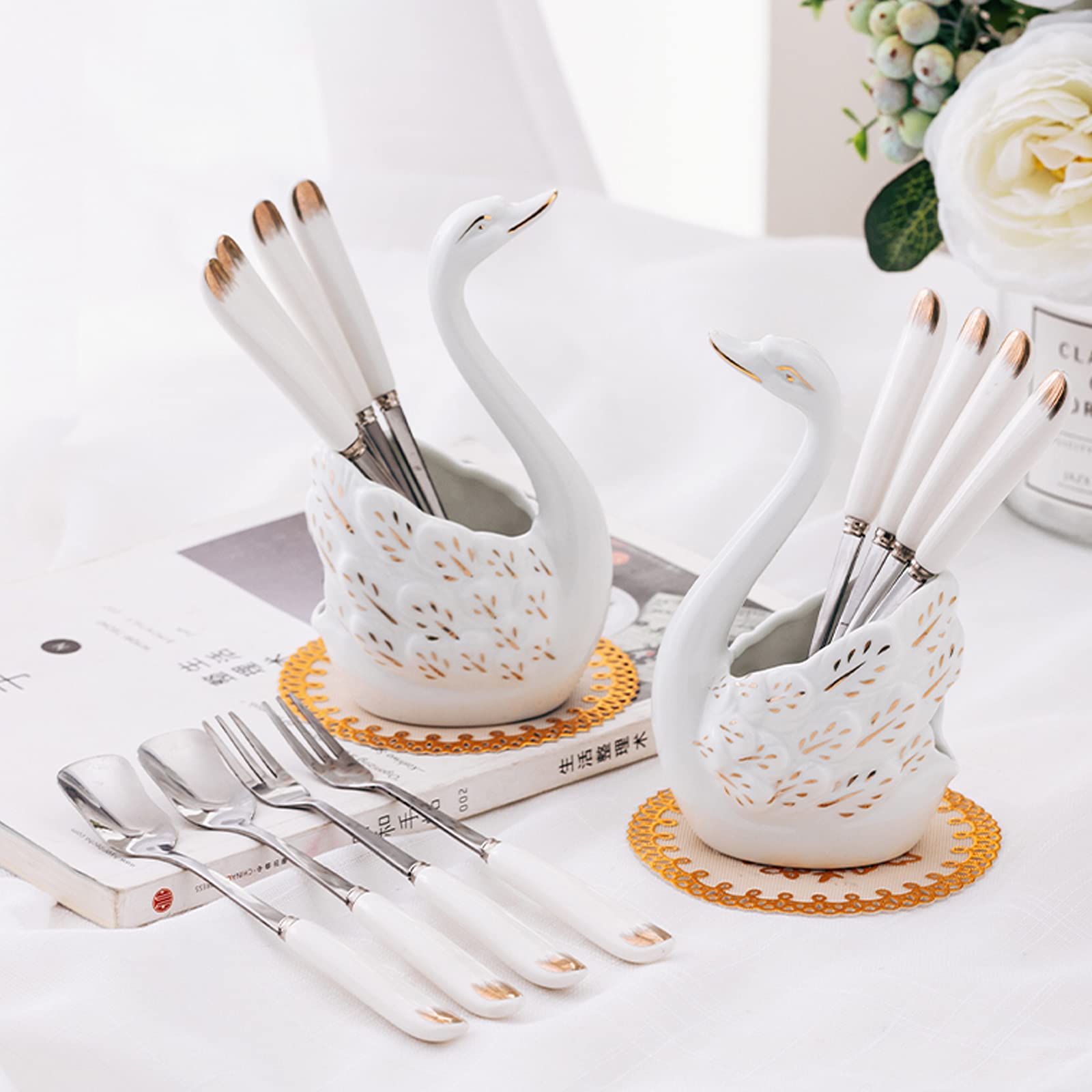 Ceramiche squisite ， Set di cucchiai forchetta in acciaio inossidabile con manico in ceramica for uso domestico, set di cucchiai di forchette for torte da dessert, forchette da frutta, ornamenti for l