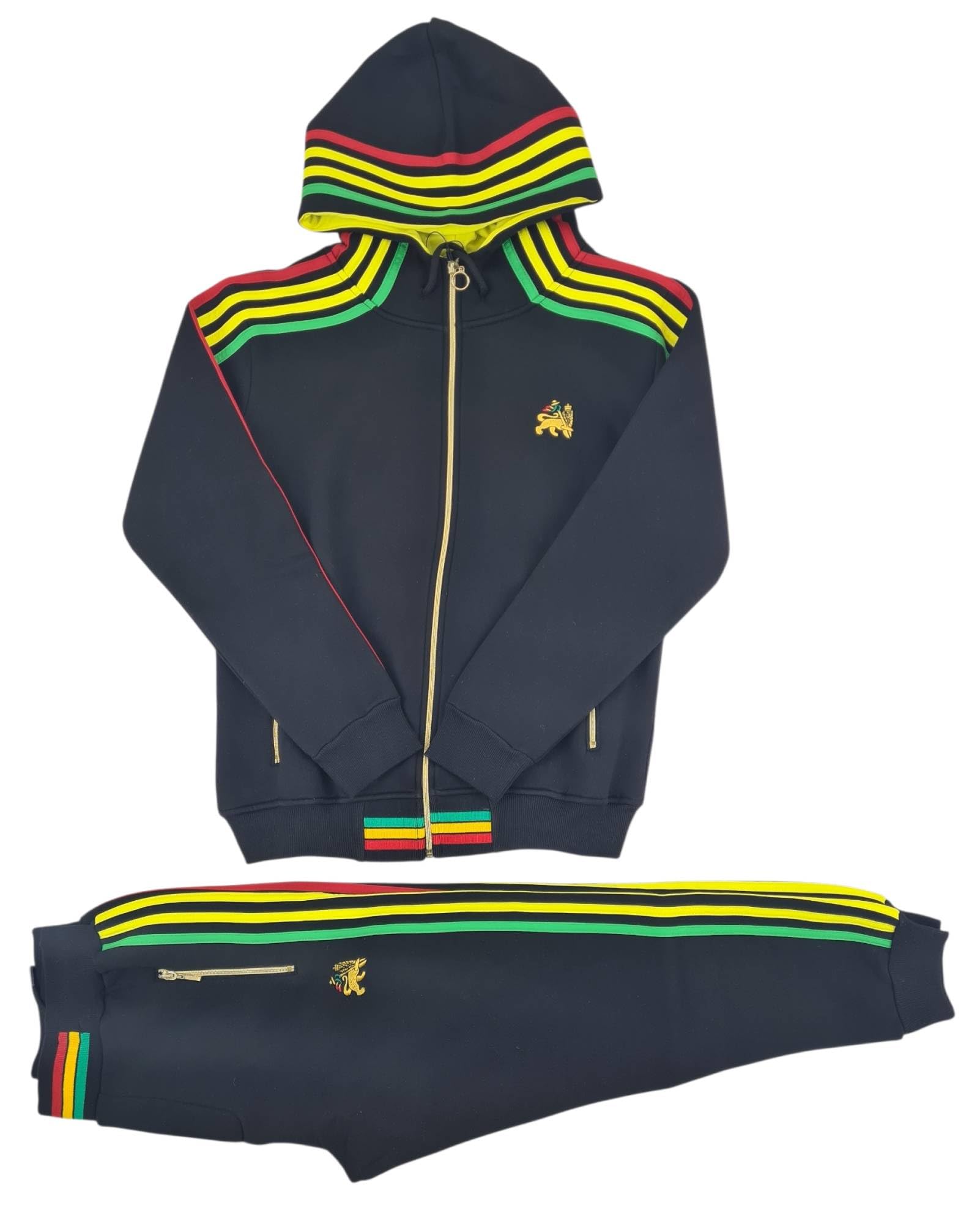 Time Is Money Rasta - Conjunto de chándal para hombre, sudadera con capucha y pantalones deportivos con cremallera completa, detalle de rayas rasta, atuendo casual de calle