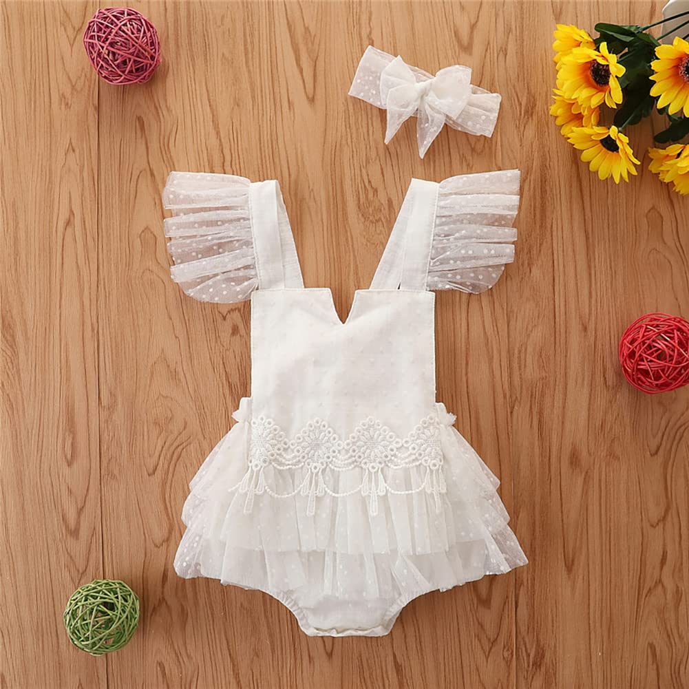 Boho Lace Ruffle Sleeve Romper Tutu for Baby Girl, Newborn Toddler Girls 1st Birthday Bodysuit Princess Tutu Dress with Flower Headband Baptism Wedding Spring Summer Clothes White dots 12-24 Months