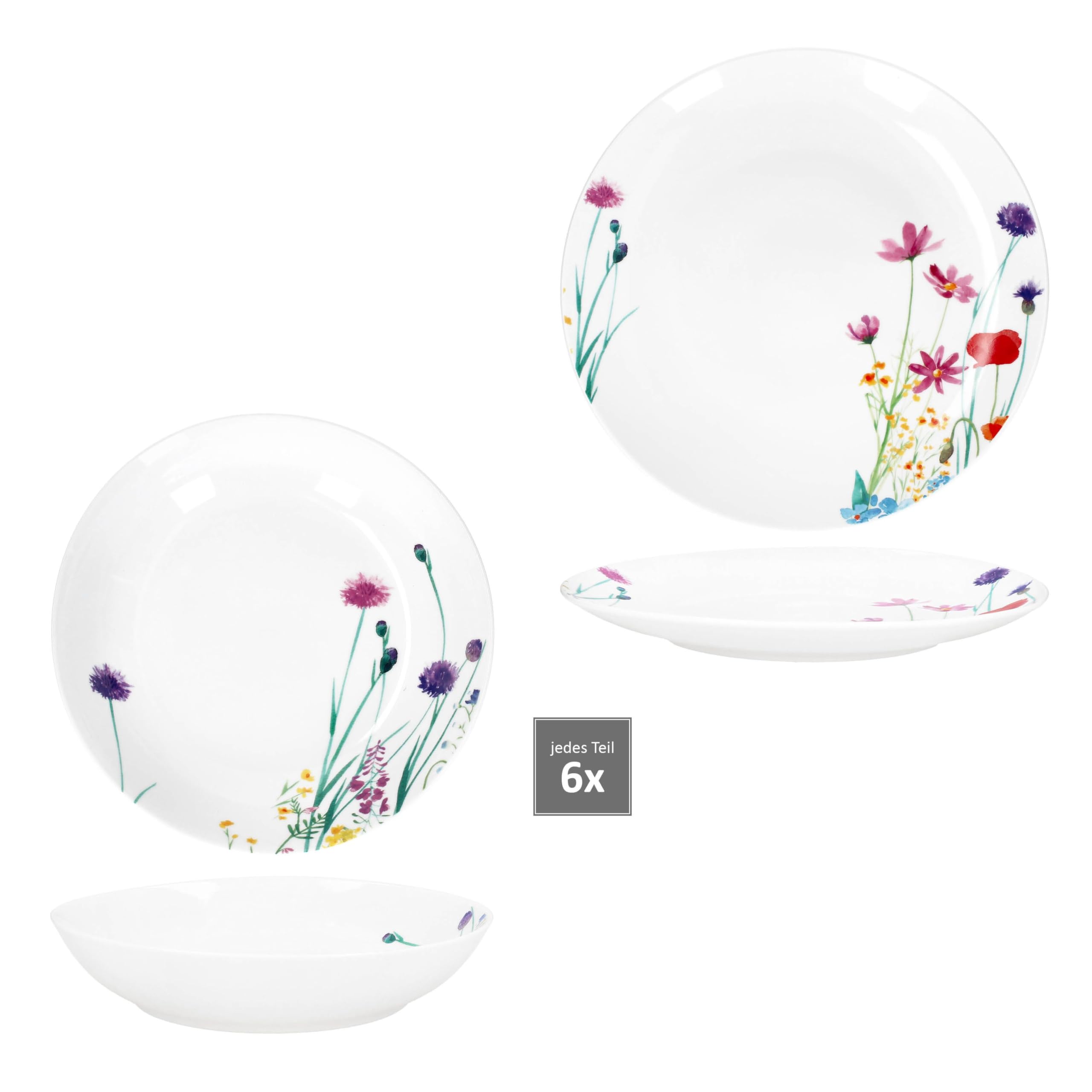 MamboCat Marie 12tlg Tafelservice I Porzellan-Geschirr mit Blumenwiese-Dekor für 6 Personen I 6X Suppenteller & 6X Speiseteller für Frühstück, Mittag & Abendbrot