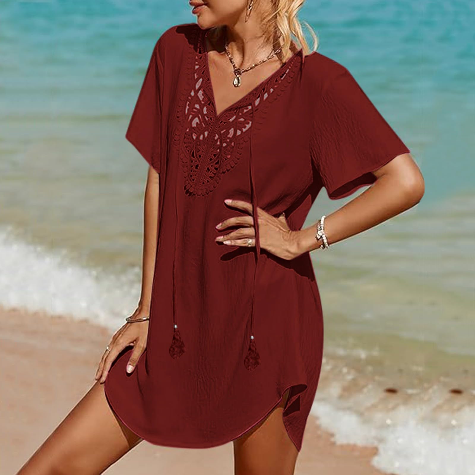Strandkleid Womens Swimsuit Coverup Lace Crochet V Neck Bathing Suit Cover Up Dress Beach Cover Ups for Swimwear Women Bikini Women Strandkleider(Green,XXXL)