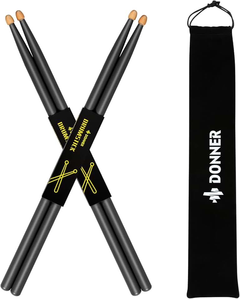 Donner Bastões de bateria, baquetas 5A clássicas de madeira de bordo preto com bolsa de armazenamento, 2 pares