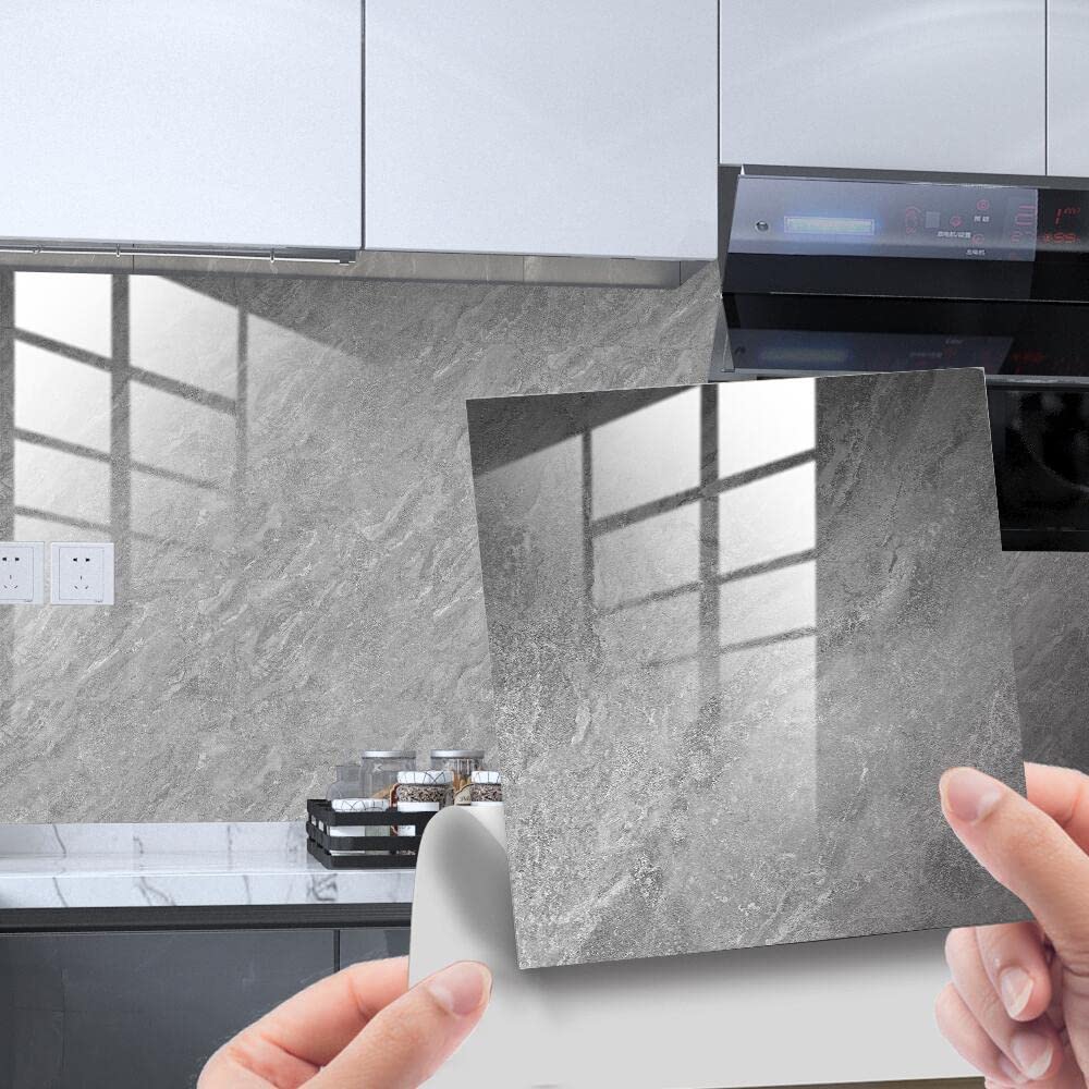 Horiwe Grey Marble Pattern 4 Marble Tile Stickers For Kitchen Bathroom Backsplash Pvc Waterproof Oil Proof Diy Self Adhesive New Wall Stickers Home Decor 6X6 Inches 20Pc
