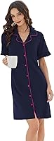 Ekouaer Women's Button Down Nightgown Ruffle Short Sleeve Sleep Shirt Nursing Boyfriend Pajama Dress Navy Blue