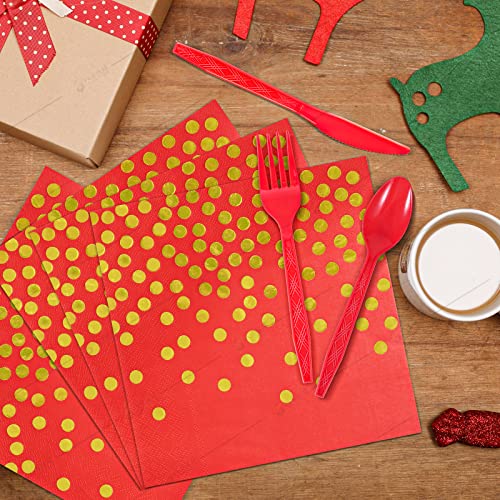 Red And Gold Party Supplies 140 Pieces Golden Dot Disposable Party Dinnerware - Red Paper Plates Napkins Cups, Plastic Forks Knives Spoons For Christmas, Wedding, Graduation Party Decoration #TOP4