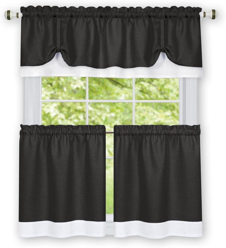 Collections Etc Darcy Two-Tone Rod Pocket Café Curtain Tiers - 2 Piece Set, Black, 58" X 24"
