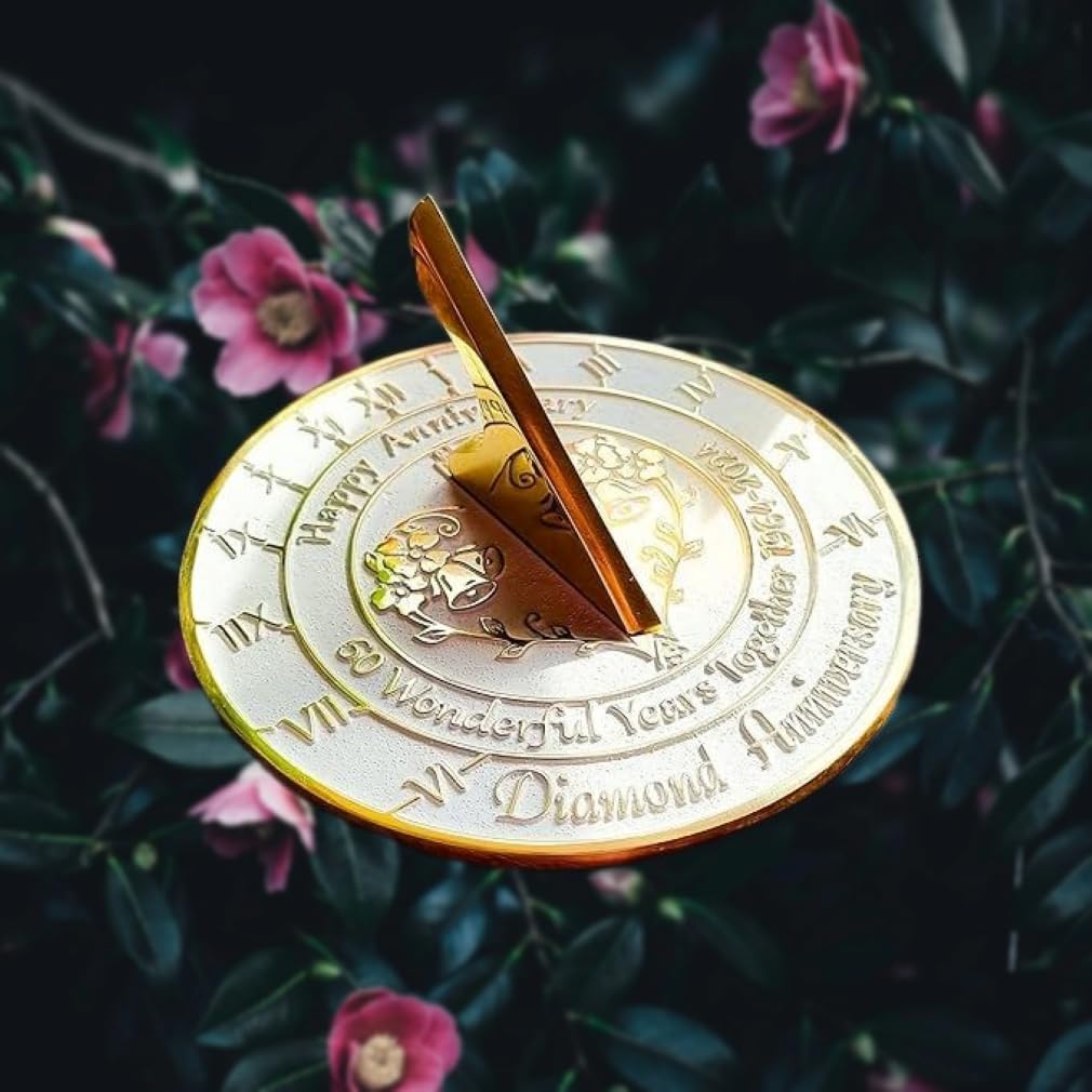 60th Diamond Wedding Anniversary 1964-2024 Metal Home Decor Sundial | Garden Present Idea for Couple Him Her Parents Handmade Anniversary 60 Year Celebration Sundial 10" White