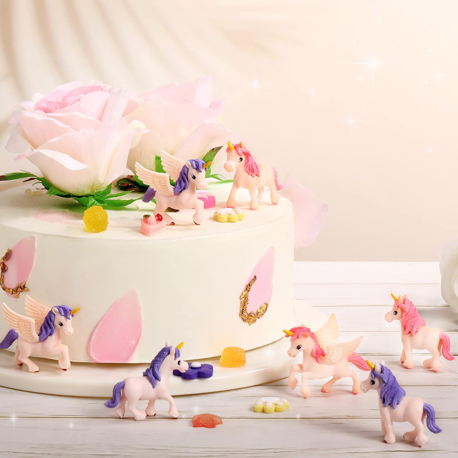 Chunful 48 Pcs Unicorn Cake Toppers Mini Small Birthday Cupcake Toppers Plastic Unicorn Figurine Lovely Flying Horse Cake Decoration Miniature Figurines for DIY Craft Baby Shower Theme Birthday Party