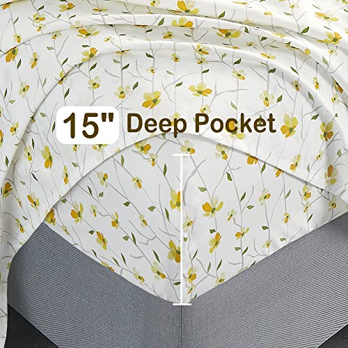 softan Yellow Floral Sheets for Queen Size Bed Printed Flower Queen Size Sheets - 4 Piece Soft Microfiber Patterned Fitted Sheets Queen with 15" Deep Pocket - Thumbnail 2