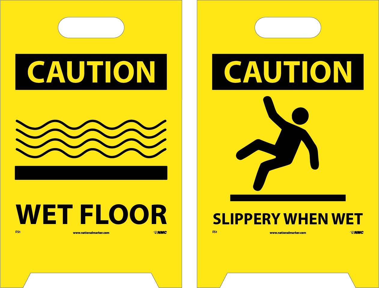 NMC FS1 CAUTION WET FLOOR Sign with Graphic - 12 in. x 19 in. Corrugated Plastic, Double-Sided Floor Sign with Black on Yellow