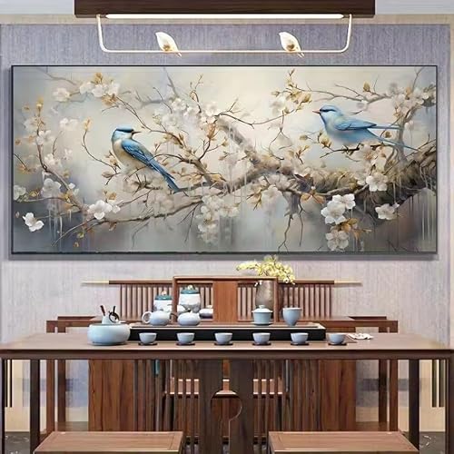 KEMEIQI Birds and Cherry Blossoms Elegant Canvas Art Print Modern Abstract Wall Decor for Living Room, Bedroom, Large Wall Art(65x130cm/Frameless)