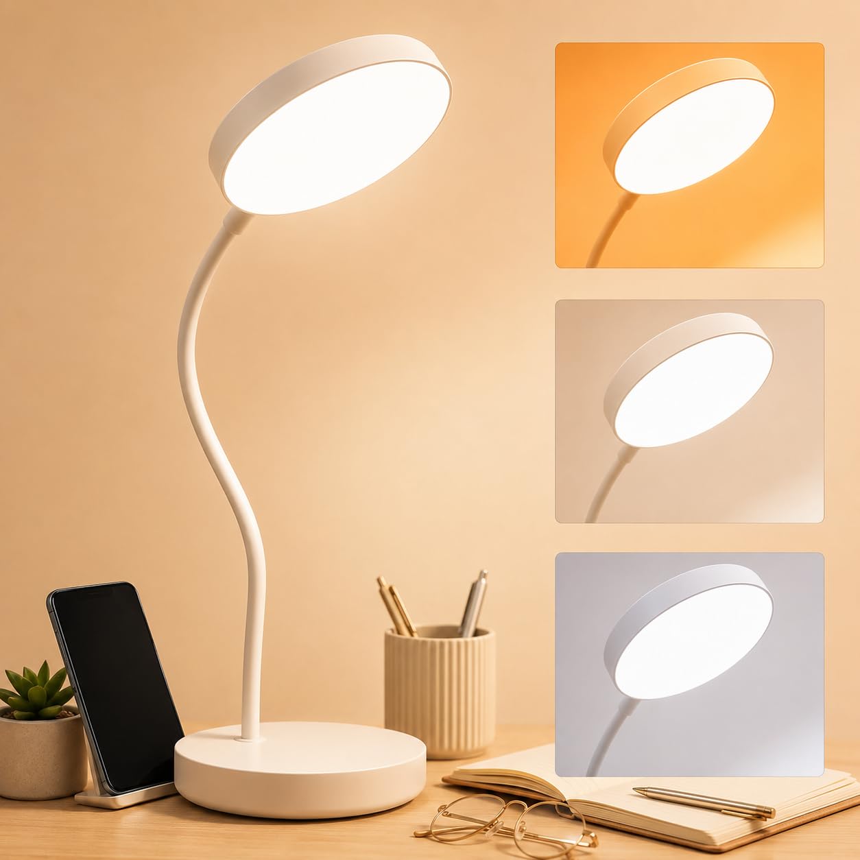 One94Store LED Desk Lamp with Touch Sensor On/Off, USB Rechargeable Study Light, 3 Brightness Modes, 360 Adjustable Arm, Phone Holder, Night Light for Students, Dorm & Office (White)
