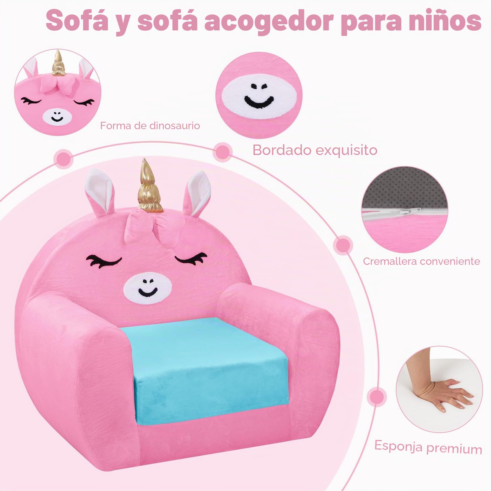 Sofá Plegable para Niños, Suave Cómodo Mini Sofá Infantil 2 en 1,Unicornio Rosa