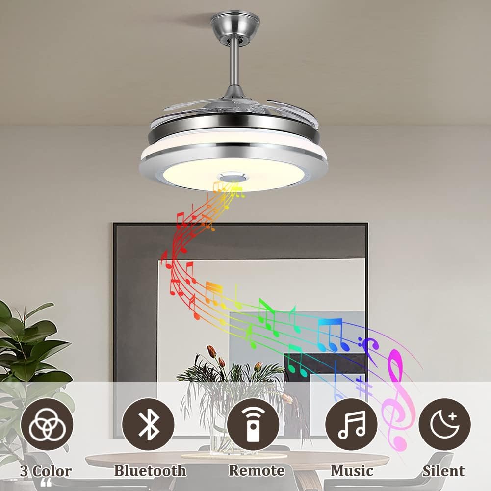MORE CHANGE 36" Retractable Ceiling Fans with Lights and Music Speaker,Modern Bluetooth LED Chandelier Fans for Dining Room wih Remote Control 3 Speeds 3 Color Changes Lighting Fixtures for Living