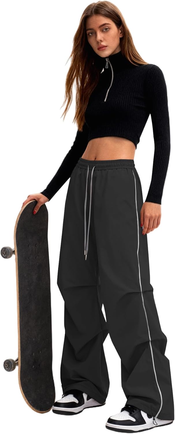 Bakyarder Women’s Y2K Baggy Parachute Pants High Waist Wide Leg Casual Track Pants with Adjustable Drawstring Waist - Image 4