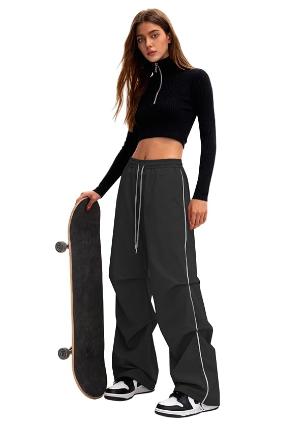 Bakyarder Women’s Y2K Baggy Parachute Pants Wide Leg Casual Track Pants with Adjustable Drawstring Waist Black X-Small by Bakyarder - Used condition - Image 4