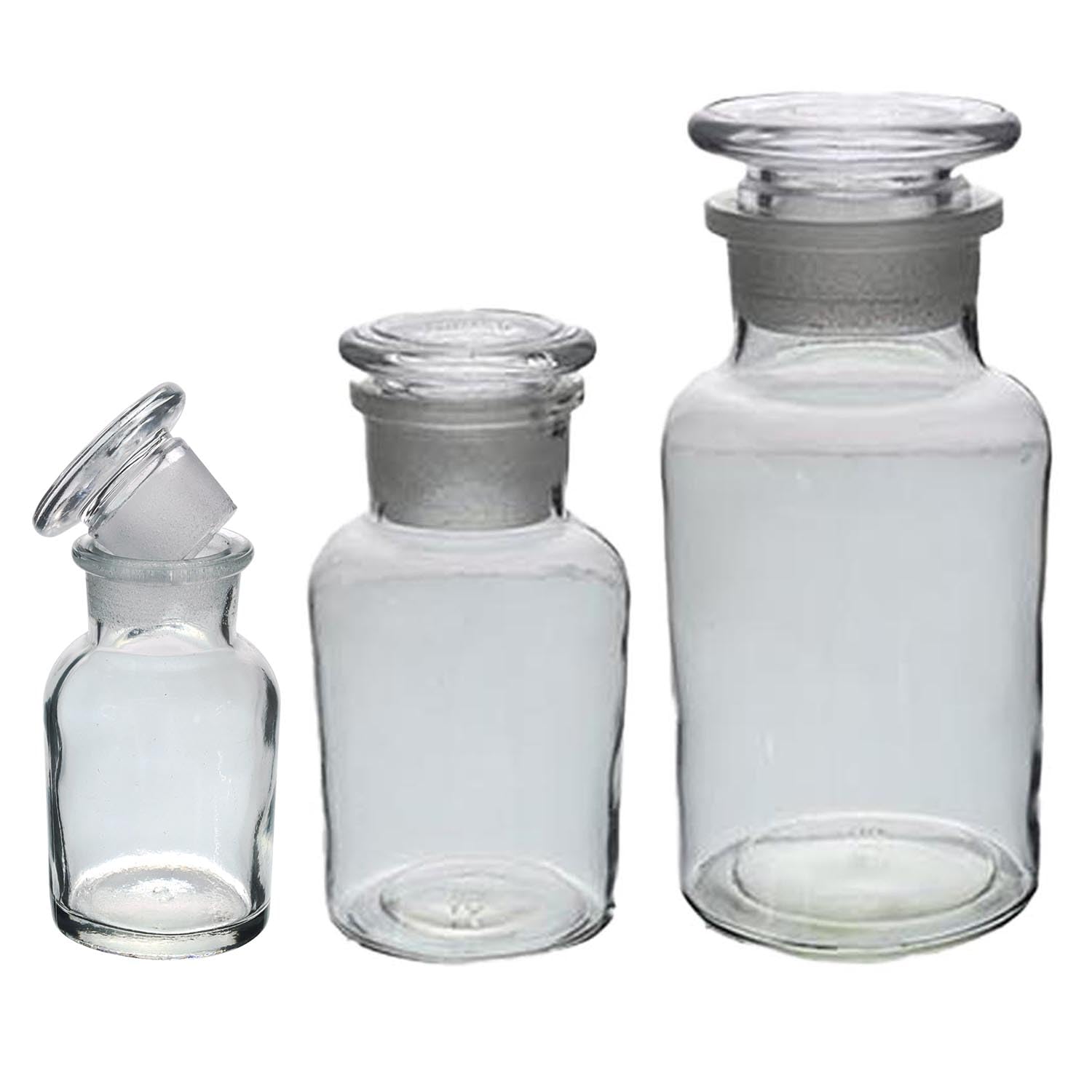 Unique Home Living Clear Uhl Apothecary Jar Set Of 3 Reagent Bottles, Glass Storage Jars With Lid, Refillable Container For Essential Oils, Bath Salts, Lotion, Perfume - 60Ml, 125Ml, & 250Ml