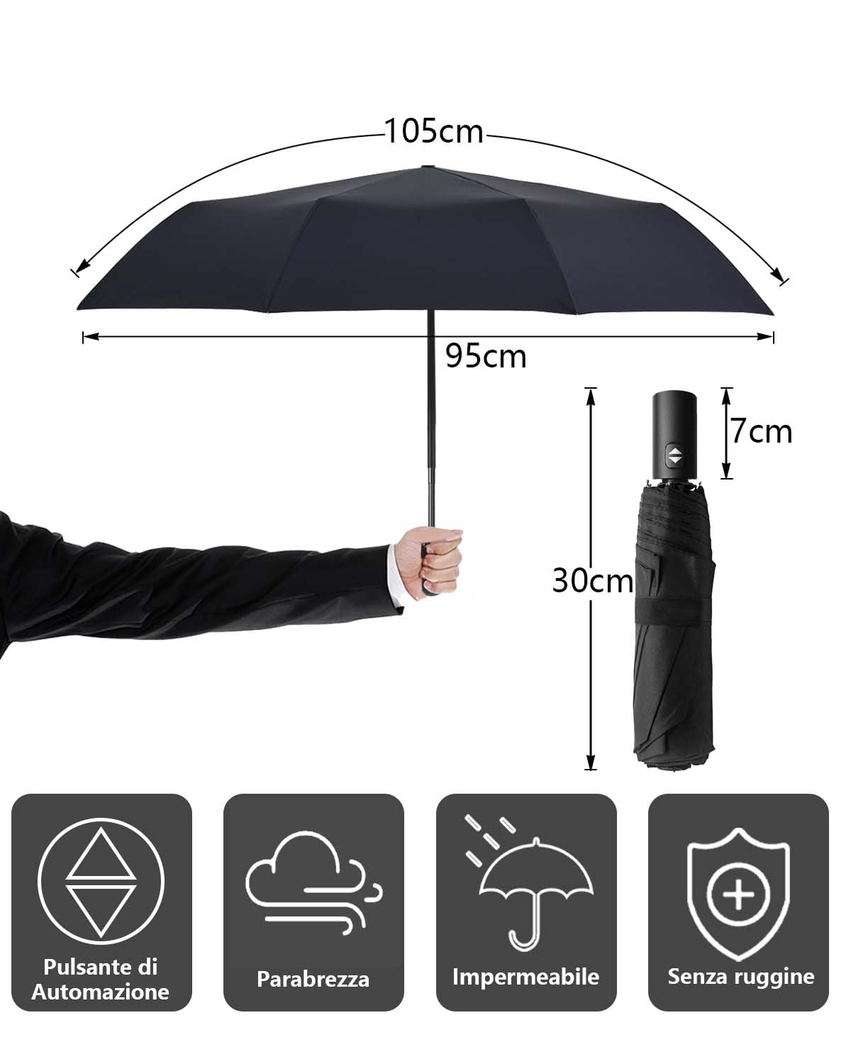 HW CASA Ombrello Pieghevole Antivento,apertura chiusura automatico,105 CM ombrello grandecon 8 Nervature in Lega di Fibra di Vetro,Compatto e Portatile ombrello automatico