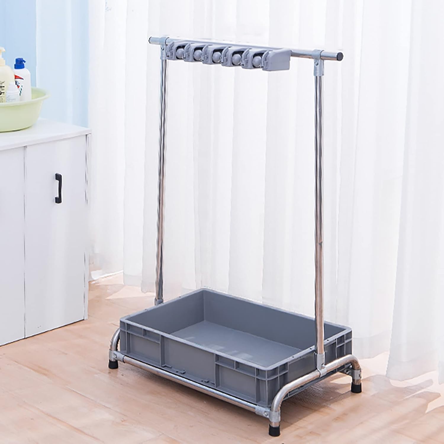 ASerZenith Broom Holder Organizer,Broom And Mop Holder Put Wet Mops Movable Floor-Mounted Mop Rack Floor Standing Cleaning Tool Cart Storage,5 Racks 6 Hooks,For Garden Garage School