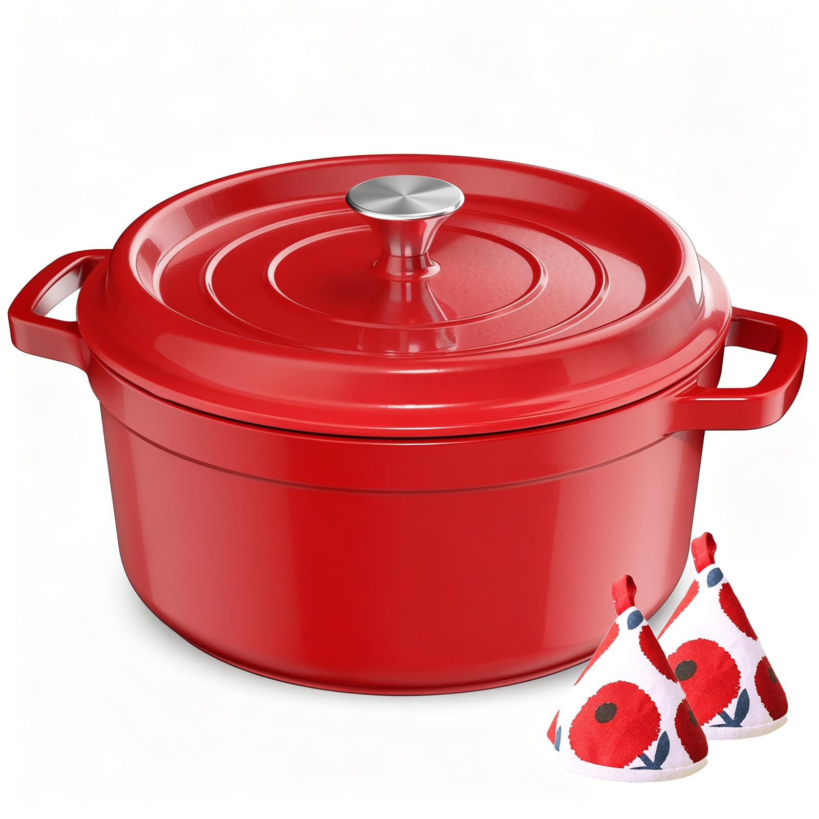 YASHE Pentola in Ghisa con Coperchio, 5L Casseruola Antiaderente, Forno Olandese Smaltato Rotondo per Zuppe, Stufati e Cottura al Forno, Rossa