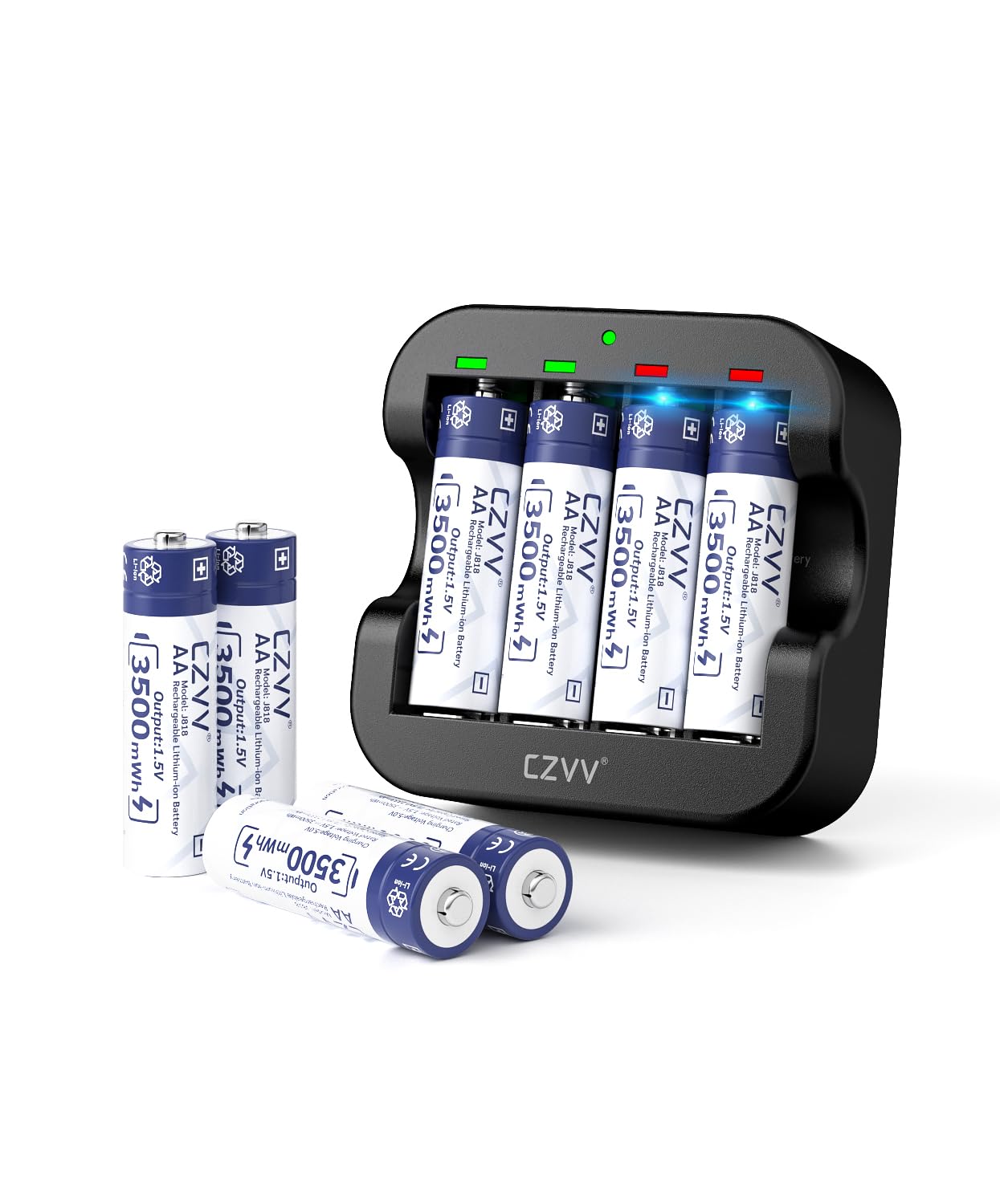 Lithium 1.5V Rechargeable AA Batteries 8-Pack, 3500mWh Massive Capacity Double A Supports Low-Battery Detection for Devices with 4-Slot Fast USB-C