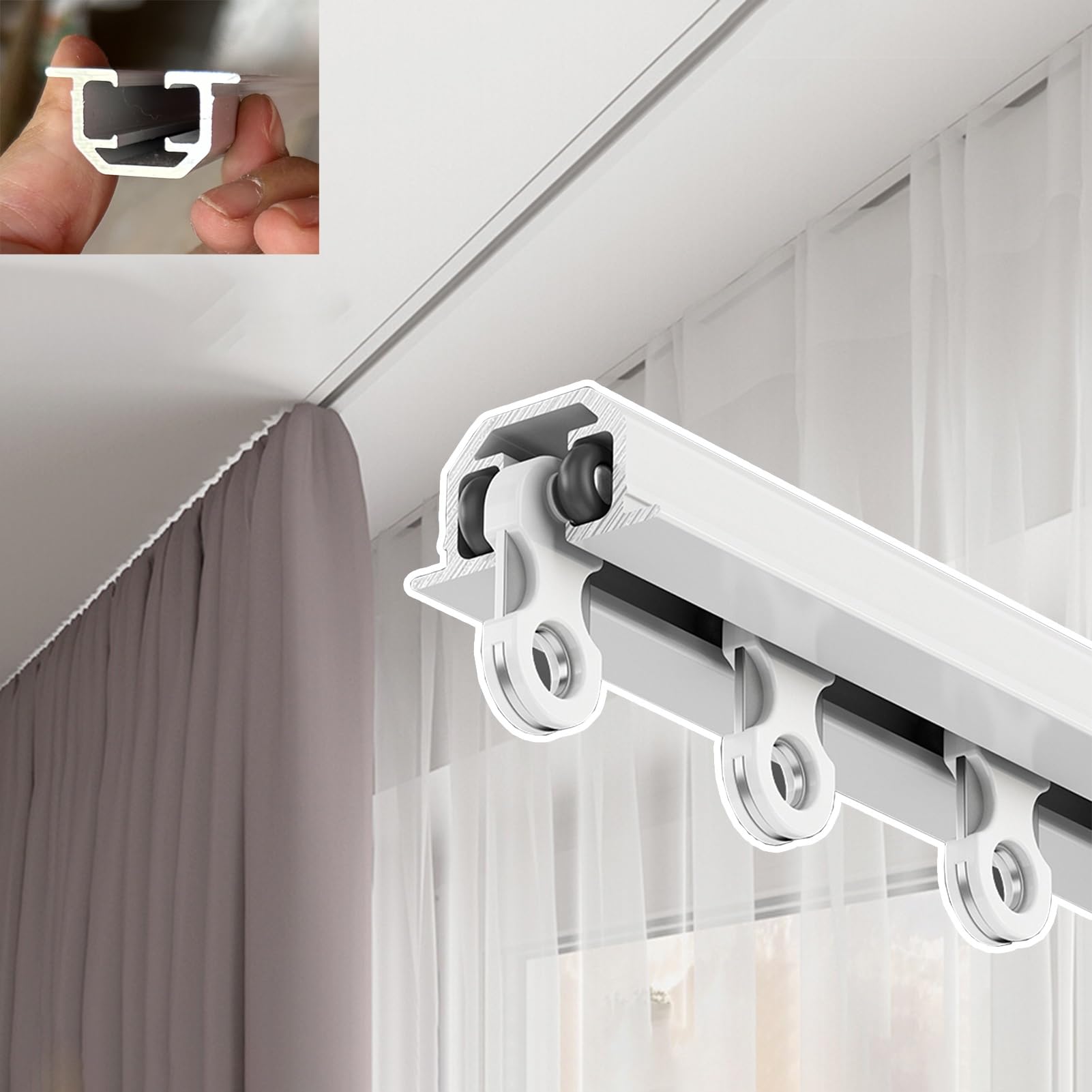 Binario per tenda nascosto in alluminio, per soggiorno, camera da letto, cucina, bagno, asta dritta per tende oscurante, regolabile da 1 a 6 m (bianco, 2,7 m / 8.9ft)