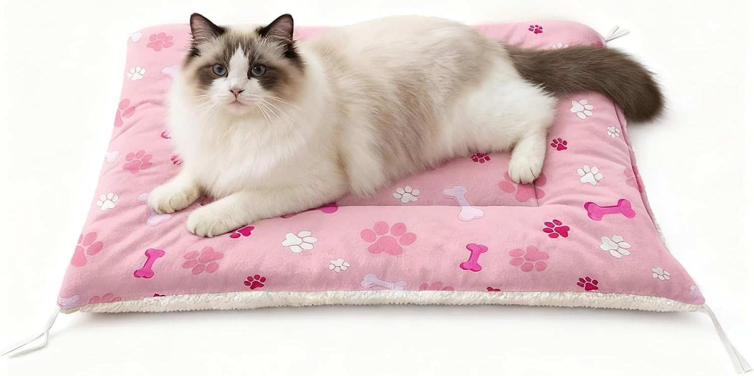 Pink Paw Print Dog Bed Mat - Cute Puppy Pad for Crate or Kennel - Washable Bone Design Pet Mat - Soft Fleece Liner for Small Dogs & Cats - Anti-Slip (L)