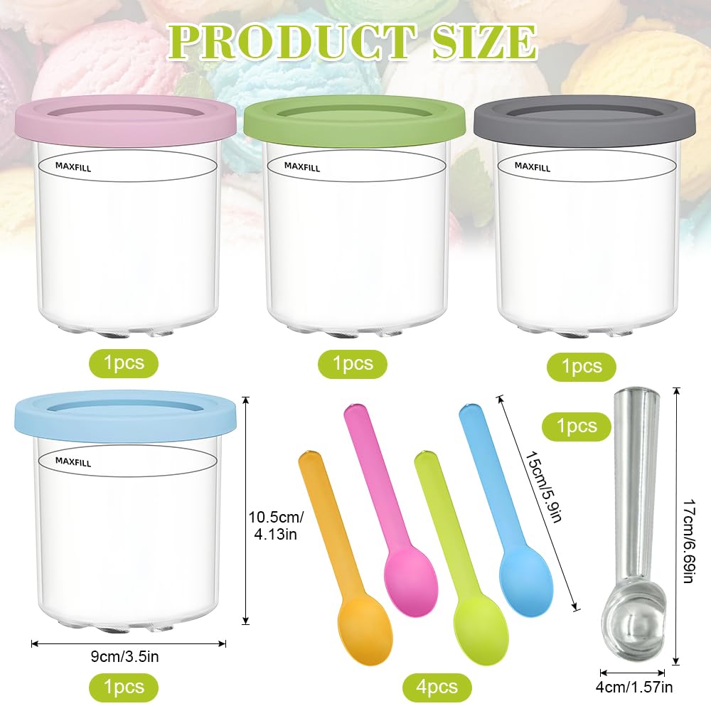 4 PCS Contenitori per Gelato per Ninja Creami 450 ML,Tazza per Gelato con Cucchiaio e 4 Cucchiaini di Plastica,Vaschetta Gelato per Macchina Gelato per Gelatiera Ninja NC299AMZ, C300s - 4 colori