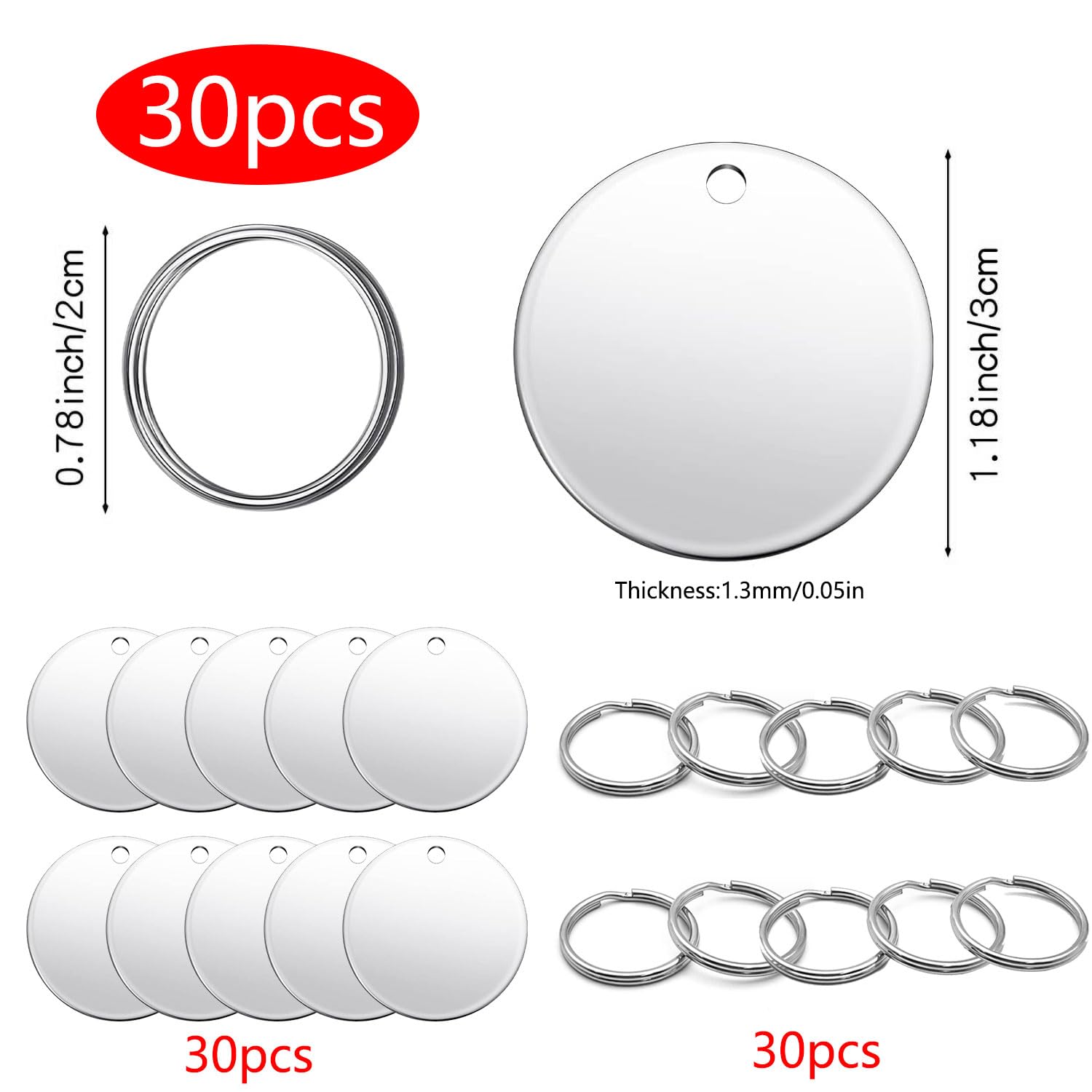 Dtoterul Stainless Steel Pendant Blank Pack of 20 Dog Tag Blank Round Engraving Blanks Stainless Steel Blanks Dog Tags Key Ring Stainless Steel Blank Writeable Blank Pendant Tags DIY Making Kit - Image 2