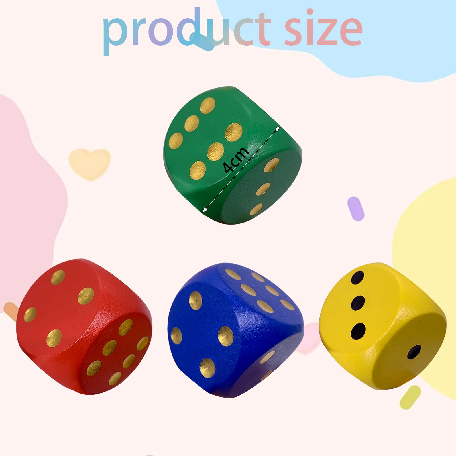 4 Pieces Colorful Large Dice Round Edge Wooden Big Dice 4CM for Party Family School Games - Image 2