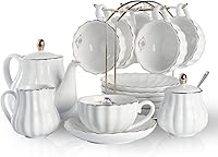 British Royal Porcelain Tea Set for 6 - 22pc Pure White with Teapot, 8oz Cups, Saucers, Spoons, Sugar Bowl, Creamer & Strainer