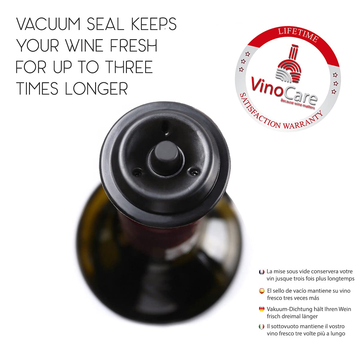 VinoCare® Pro Edition - Premium Vacu Weinpumpe mit 4 Stopfen in Geschenkverpackung, Silber - Image 2