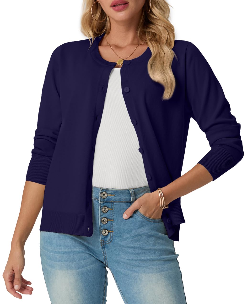 GRECERELLE Cardigan d'été doux pour femme, joli cardigan léger à col rond à manches longues pour femme, pull en tricot uni, pull décontracté boutonné pour femmes, nuits d'été et rendez-vous galant