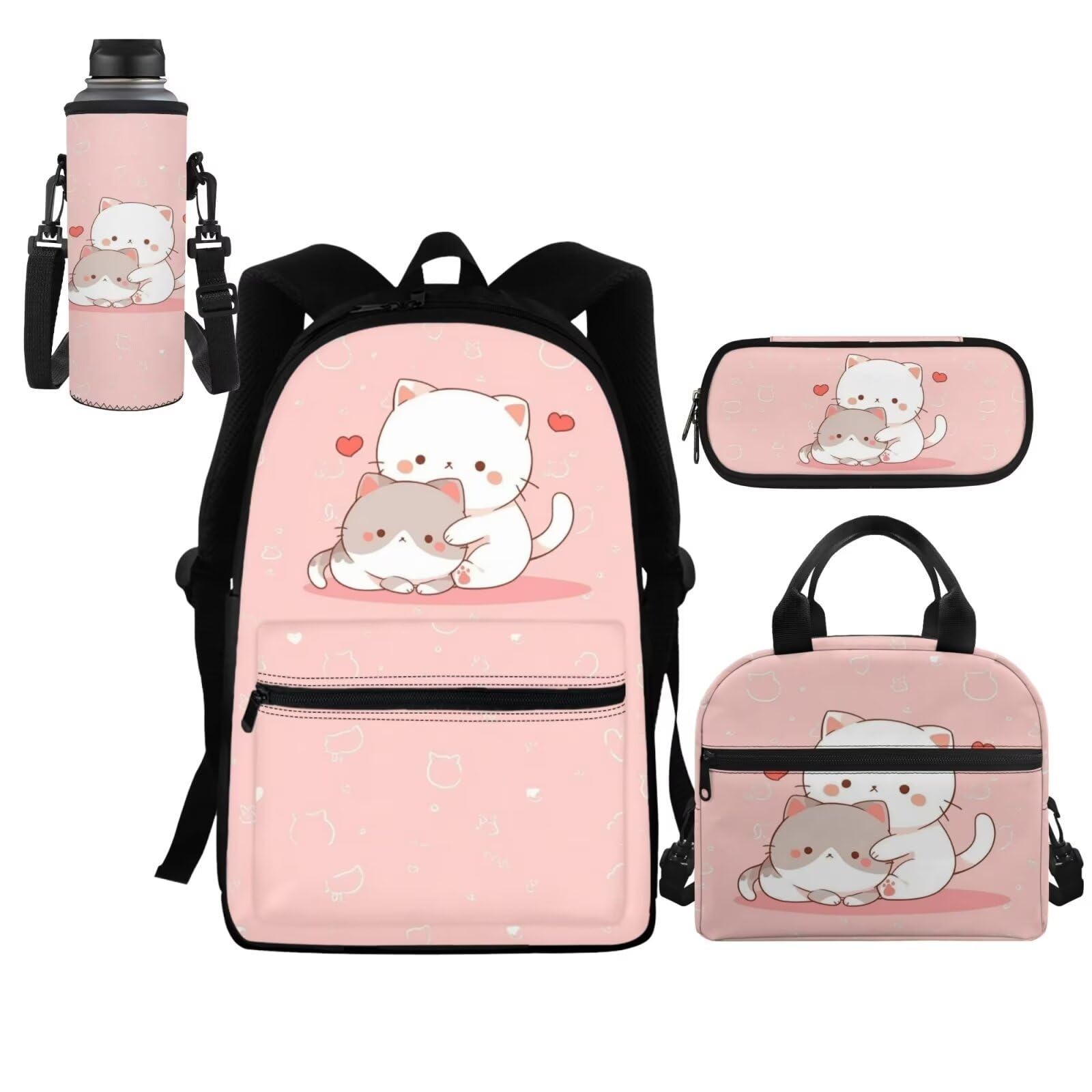 HELLHERO Girls School Bag for Kids 6-8 10-12 Kawaii Cat Backpack Set with Lunch Bag Pencil Case Water Bottle Sleeve Elementary Middle High School