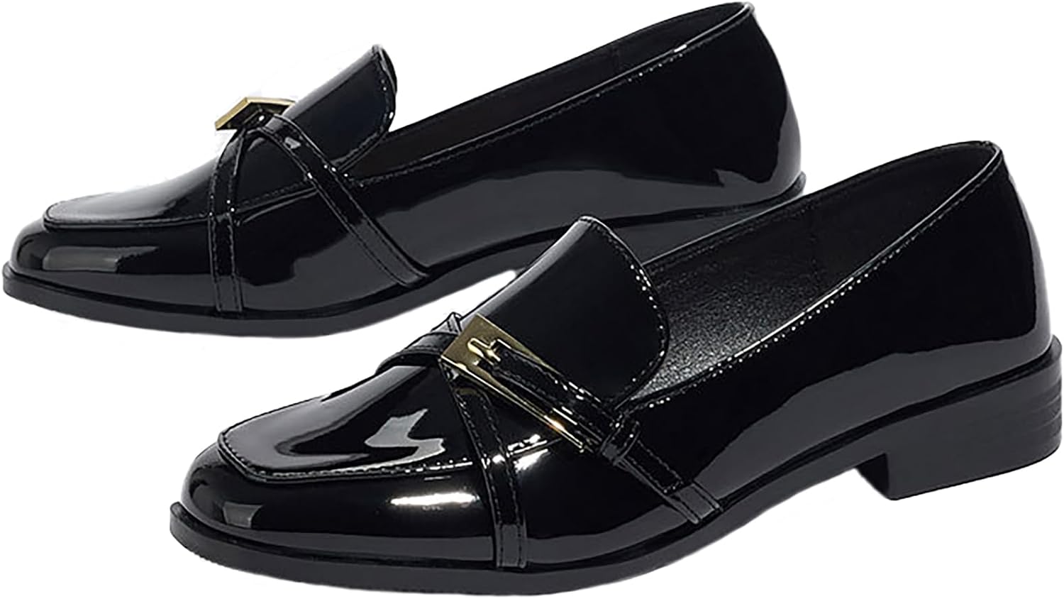Women's Patent Leather Closed Square Toe Low Chunky Heel Loafers Fashion Buckle Decor Slip-On Comfortable Block Heel Casual Work Dress Shoes Business Office Walking Shoes