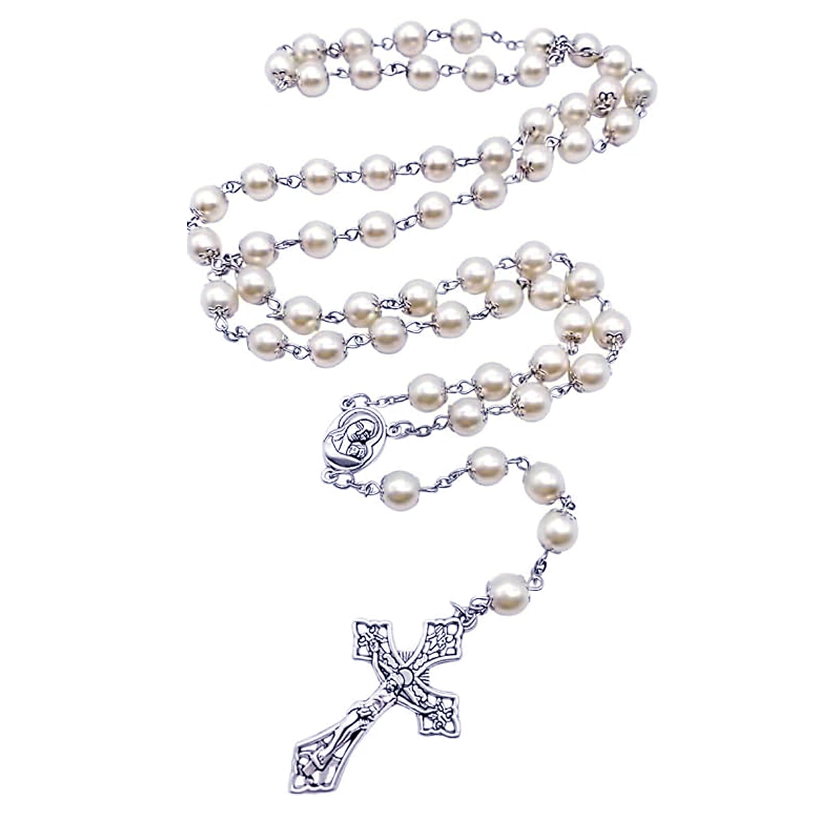 JNOUCSRosary Beads, 1 Pcs Catholic White Rosary Necklace, Cross Rosary Necklace, Beautiful White Pearl, Rosary Necklace for Men Women(White)