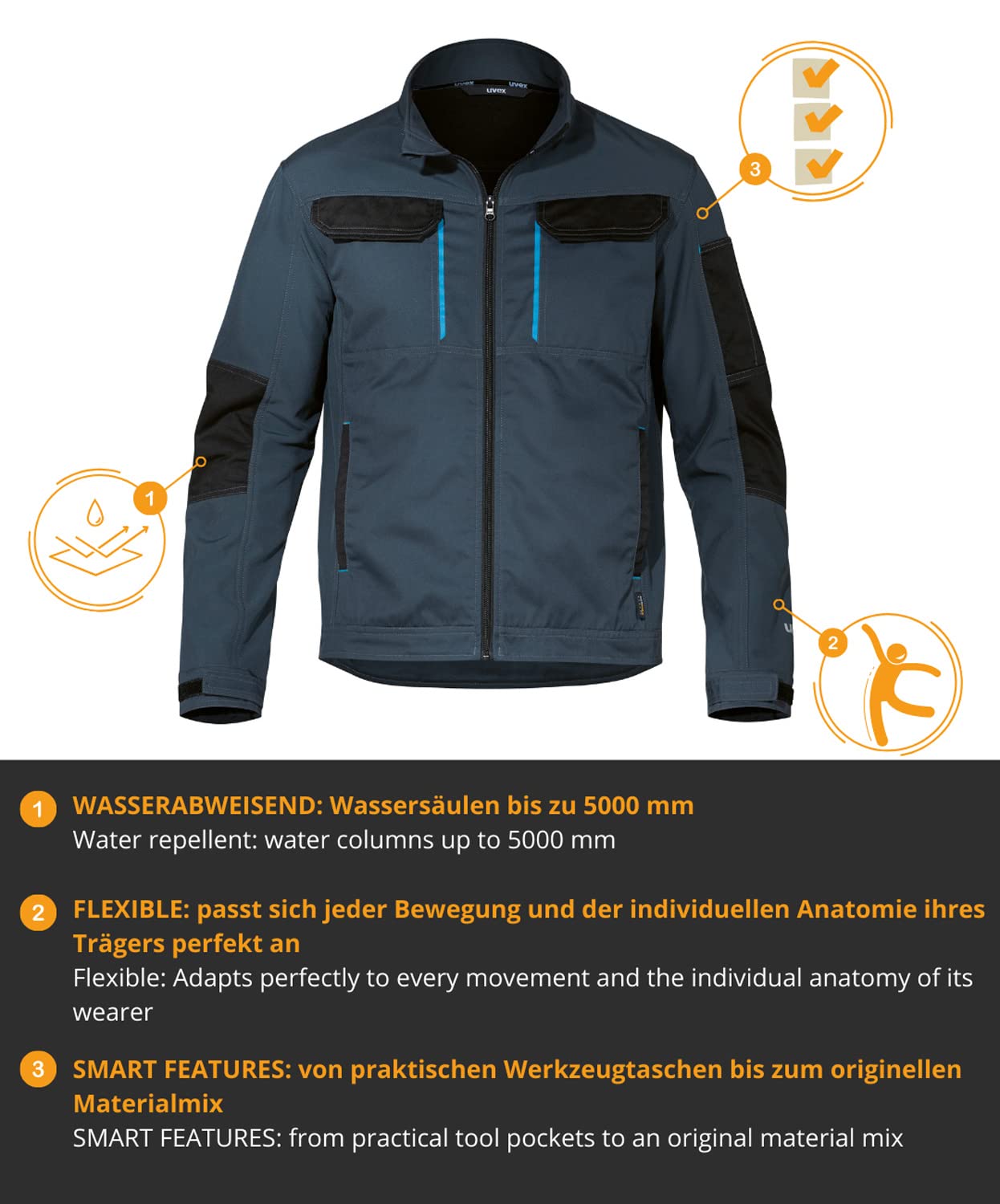 Uvex Tune-up - Chaqueta de trabajo Softshell, con dos bolsillos en el pecho y dos paquetes laterales - transpirable y repelente al agua
