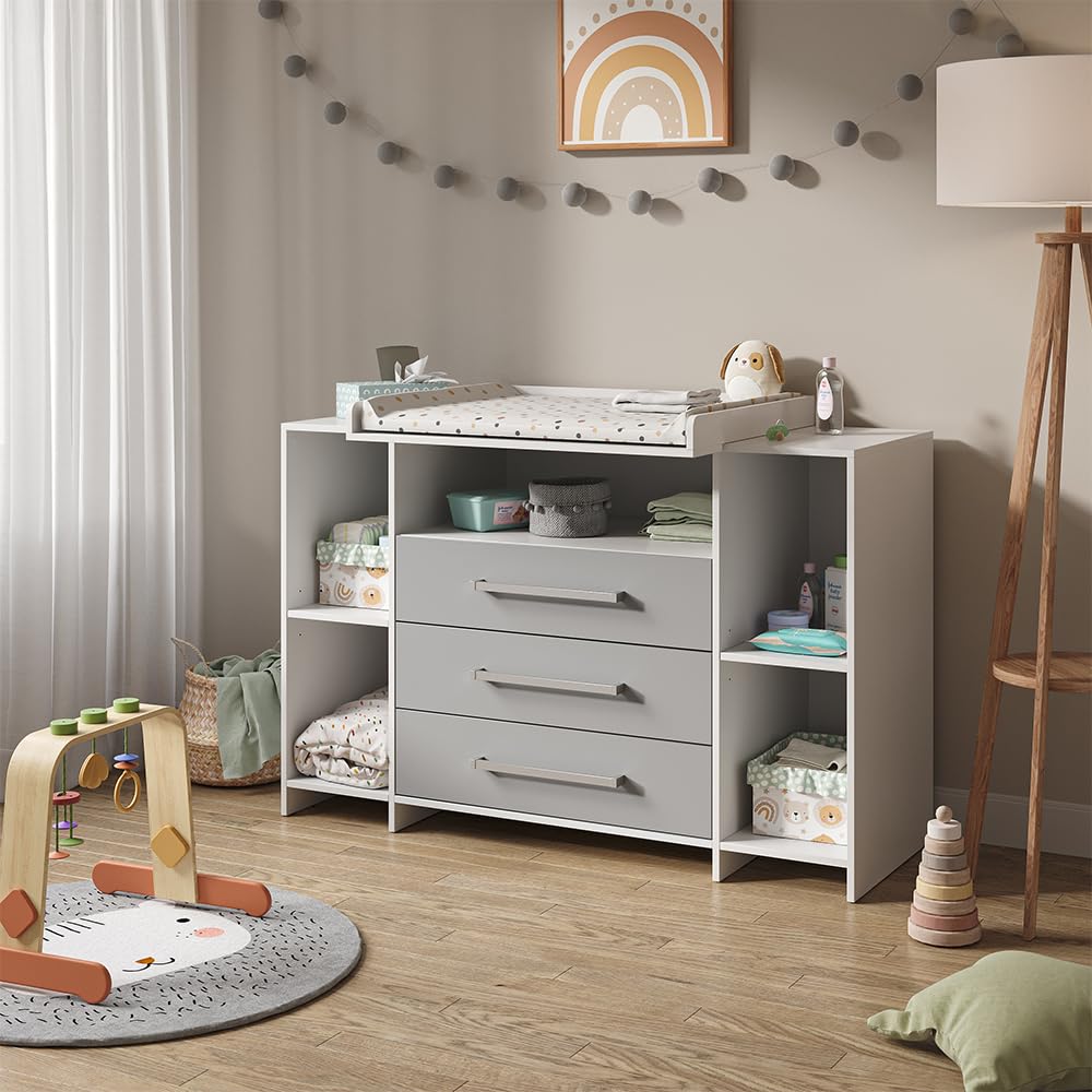 Vicco Cómoda Cambiador Oskar, Blanco/Gris, 143 x 100 cm XL con cajones, Apto como Cambiador con Zona de Almacenamiento Ampliable