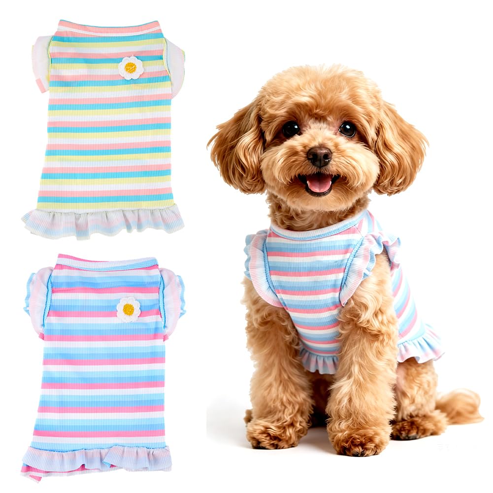 SUPERFINDINGS 2 Pcs Cute Striped Dog T Shirts 2 Colors Daisy Flower Puppy Dress 28x21cm Polyester Girls Dog Clothes Spring Summer Pet Outfits Breathable Summer Clothes for Small Dogs Cats
