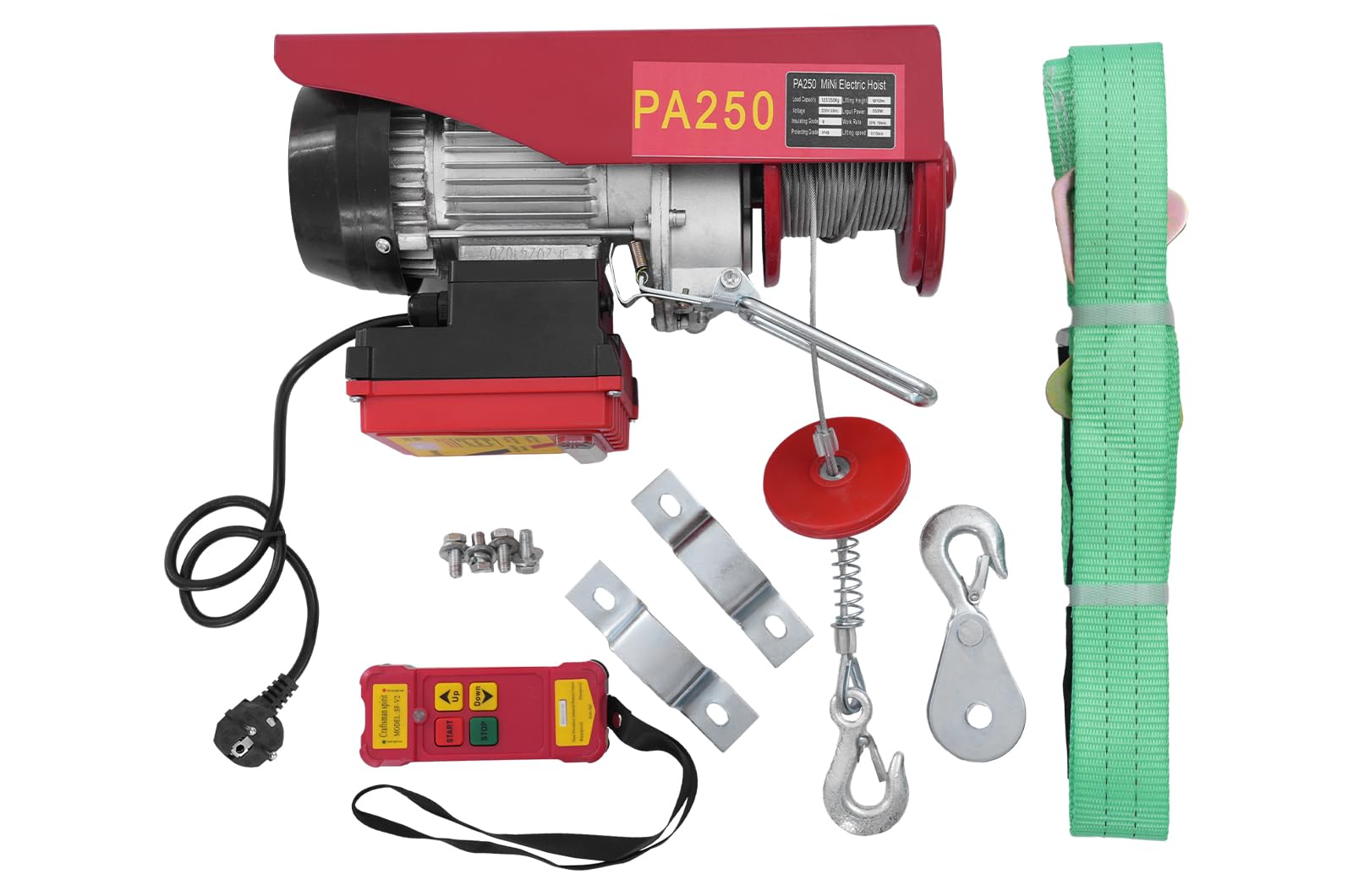Polea eléctrica hasta 250 kg, 550 W, con mando a distancia inalámbrico, 10 m/min, velocidad de elevación, altura de elevación de 12 m, cable eléctrico, para agricultura, construcción, taller