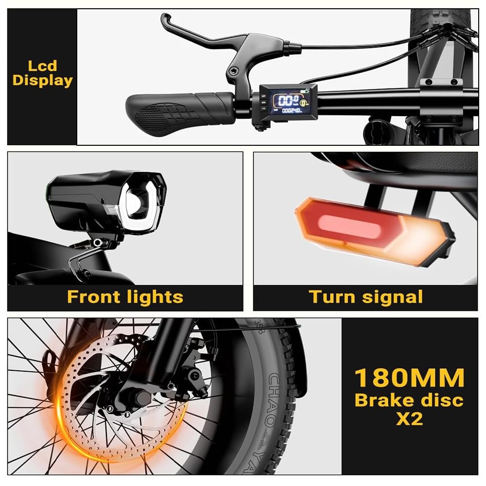 Vélo Électrique À Gros Pneus 20 Pouces,Vélo Électrique Pliable, Moteur sans Balais 250 W, Batterie Amovible 48 V15 Ah, Dérailleur 7 Vitesses, pour Hommes Et Femmes. Black
