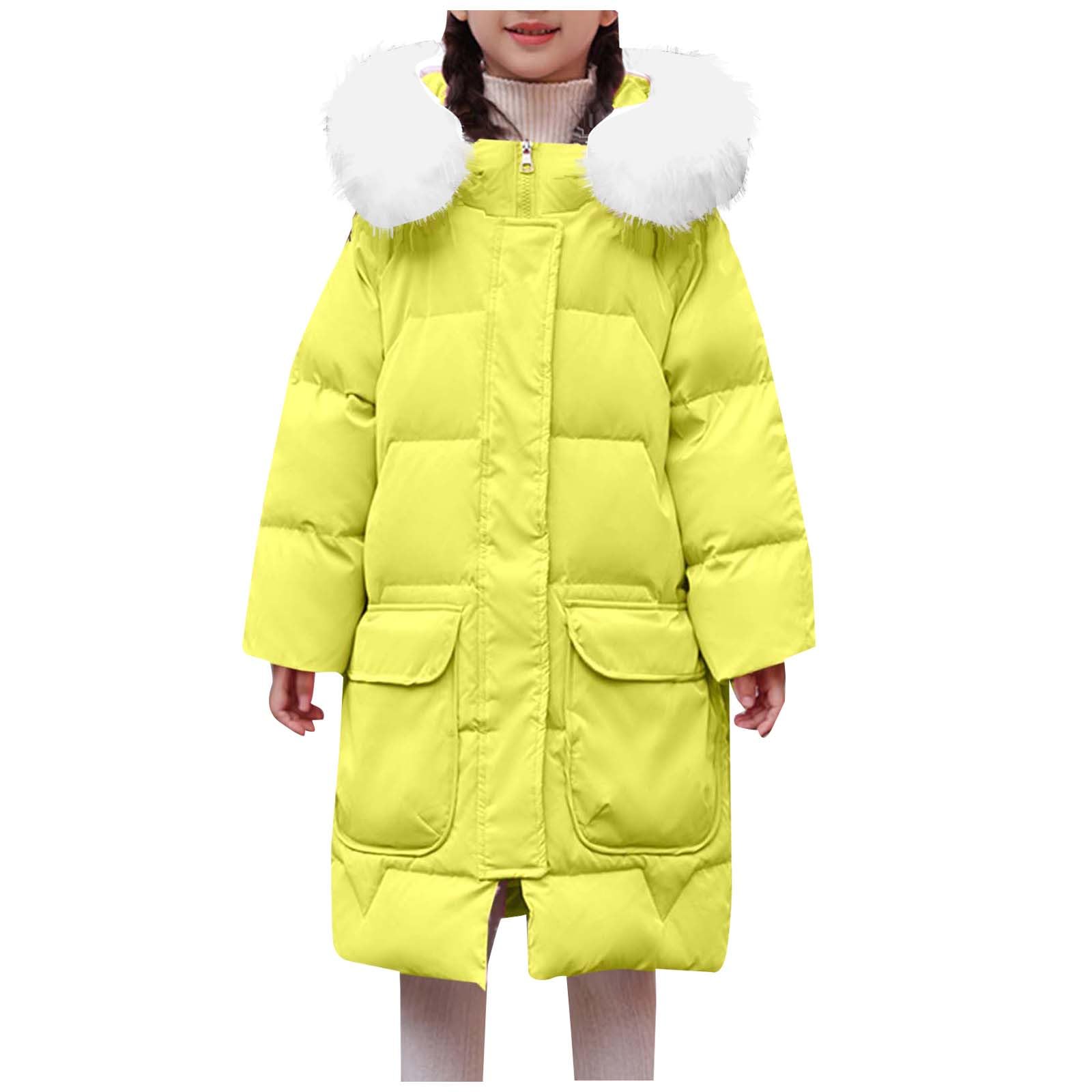 Chaqueta larga acolchada para niñas con capucha de piel sintética para invierno, resistente al viento, con capucha, estilo casual, para exteriores, cortavientos, longitud media, para