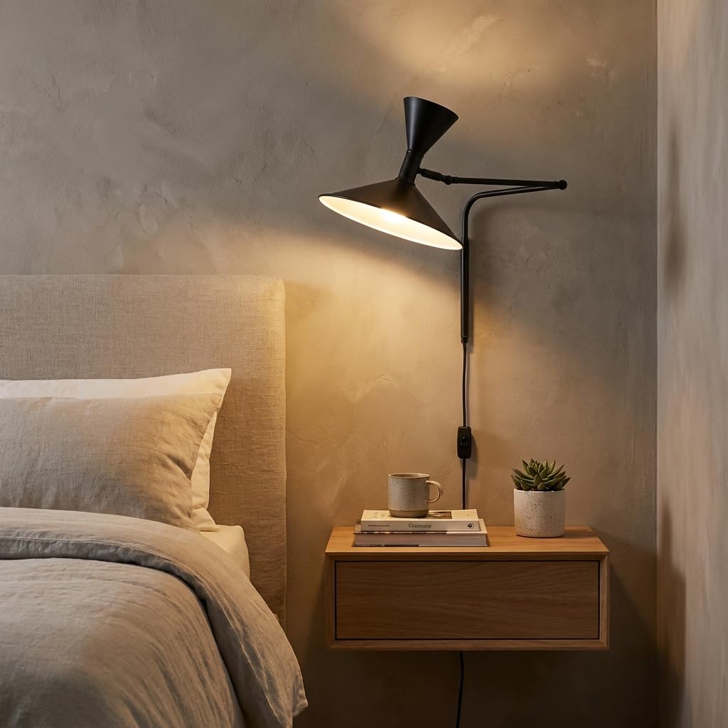 BARCELONA LED Applique Murale Industrielle Grand Modèle 40 cm, Lampe Murale à Bras Articulé, Style Vintage, Abat-jour Métal Noir Intérieur Blanc, Idéal Restaurant, Escalier et Chambre