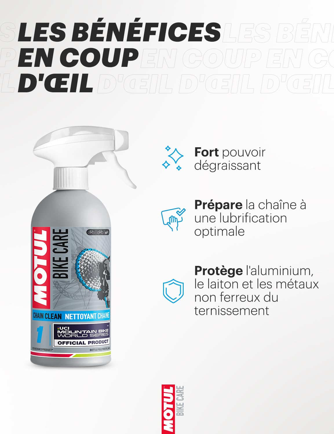 Motul - Kit Nettoyant Chaîne VTT en Spray - Dégraissant Sans Solvant 500 ml + Lubrifiant Chaîne Pour Conditions Humides - Anti Usure - Haute Résistance à l'Eau et à la Rouille 100 ml