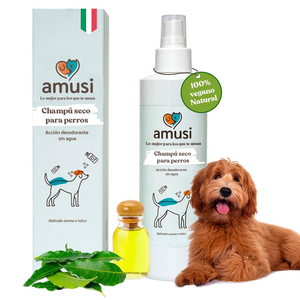 amusi Champú en Seco Perros - Champú para Perros en Spray sin Enjuague, Champu Perros Hipoalergénico - Champu Perro con Ingredientes Naturales, Secado Rápido y No Es Necesario Enjuagar | 250 ml