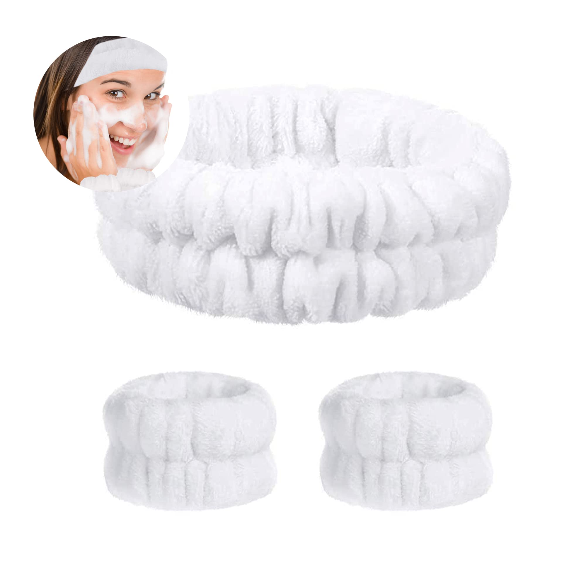 3 Pcs Spa Headband Wrist Washband Set, Absorbent Makeup Headbands Face Wash Wristband, Elastic Skincare Headband Wristbands for Washing Face (White)