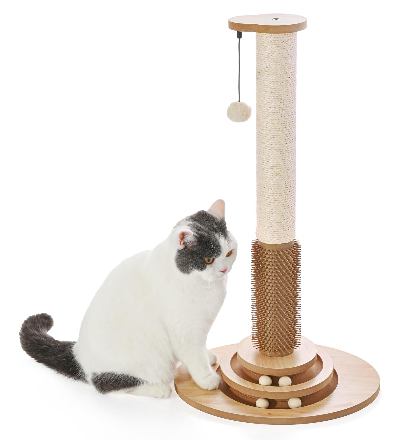 made4pets cat scratching post premium sisal cat scratcher kitten toys for indoor kittens 28.3" tall cat tower scratch post cat tree wooden interactive ball track cat toy with hanging ball, beige