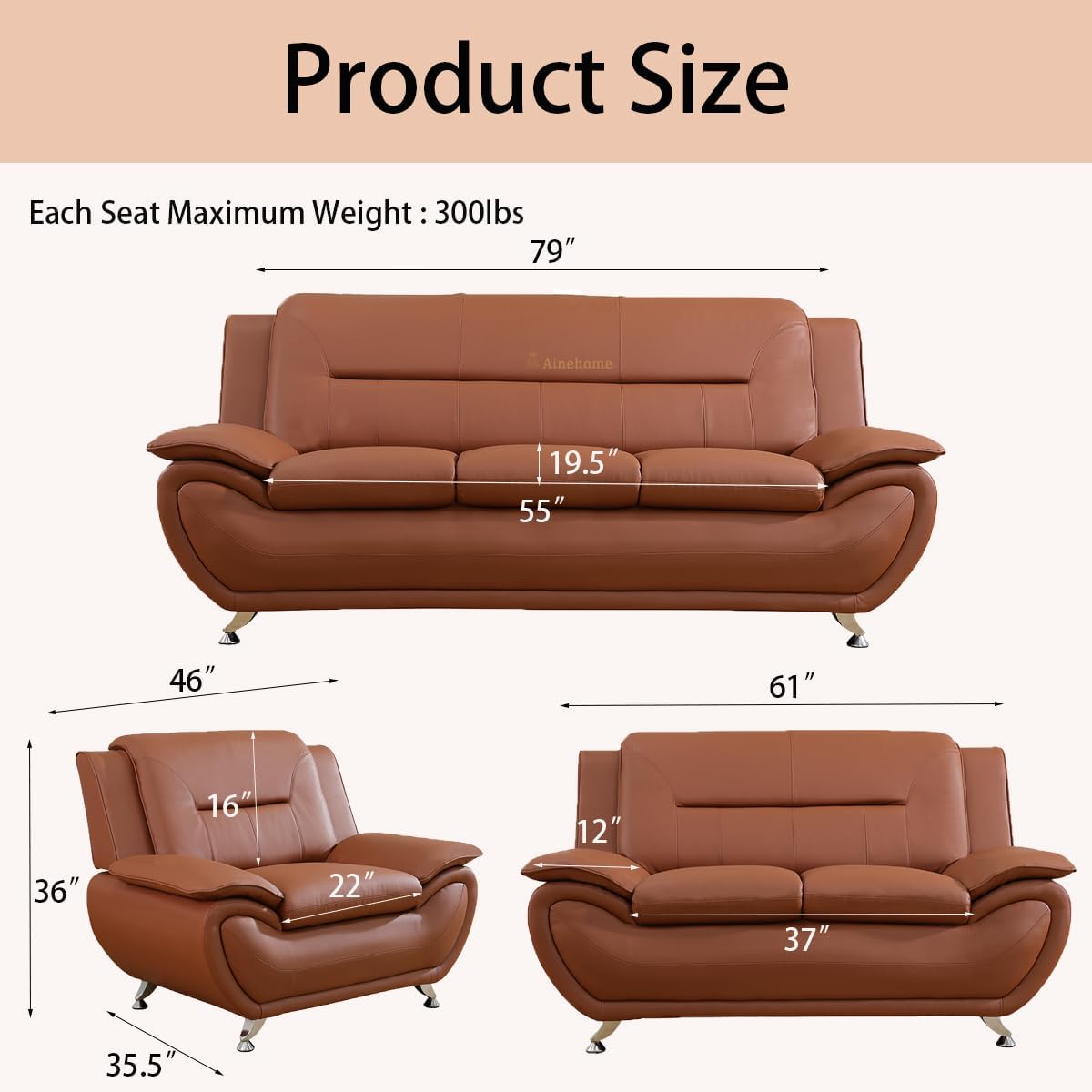 A Ainehome Sectional Sofa Couch Set, Living Room Furniture Sets Modern Brown Leather Sofa Loveseat Couch for Living Room(loveseat, A-Brown)