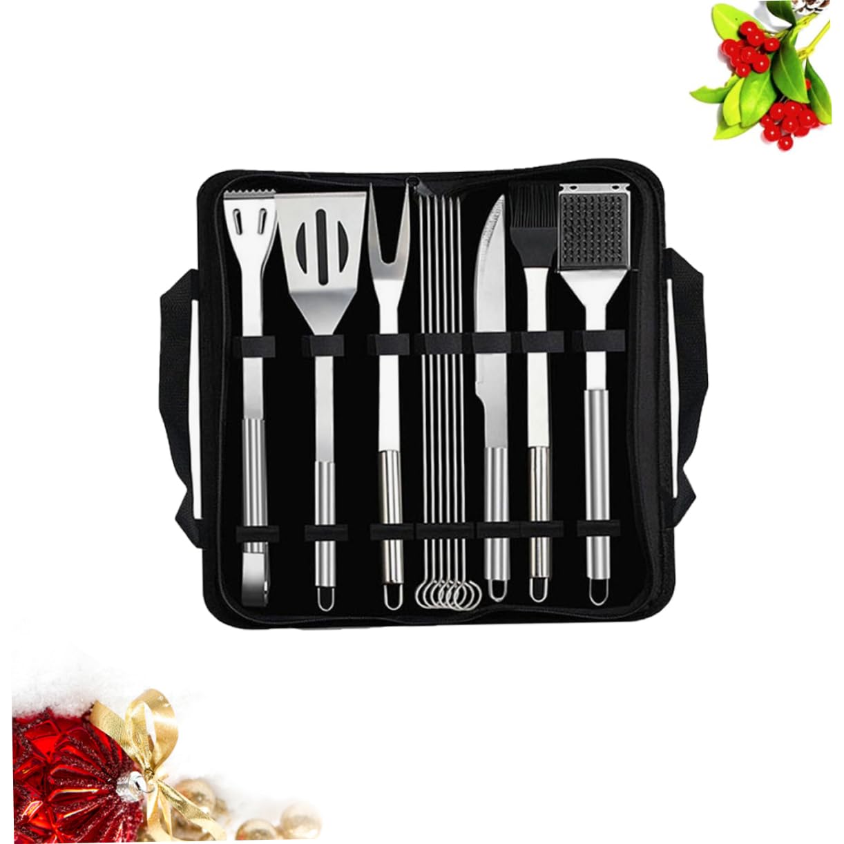 Alipis 12 Stück Grillwerkzeug-set Aus Edelstahl Mit Schaufel, Zange, Messer, Gabel, Bürste, Stahlbürste Und Spieß in Tasche Für Picknick Und Camping