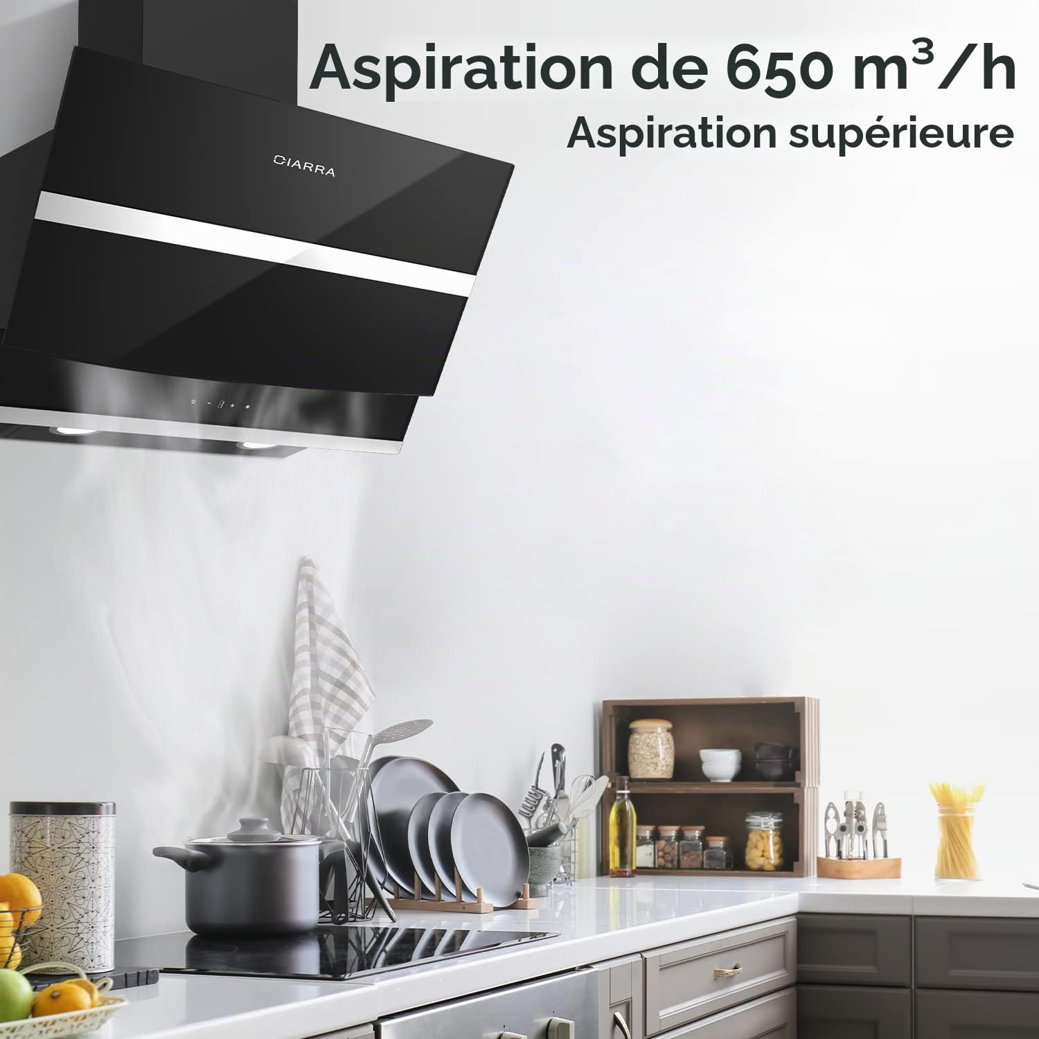 CIARRA CBCB6736N Class A+++ Hotte Aspirante 60cm 650 m³/h - Hotte Inclinée - 3 Vitesses - 2 Niveaux de Luminosité LED Dimmable - Commande Tactile - Recyclage/Evacuation - Noir